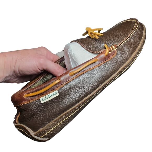L.L.Bean Men\'s Handsewn Leather Slippers Brown Flannel-Lined - Brown Size 10 main image 10
